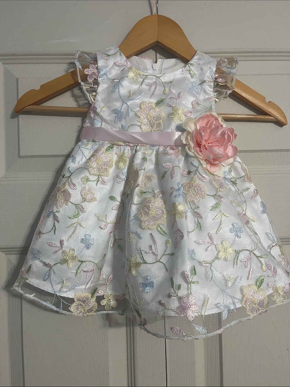 Rare Editions White Floral Embroidered Dress with Pink Sash and Flower